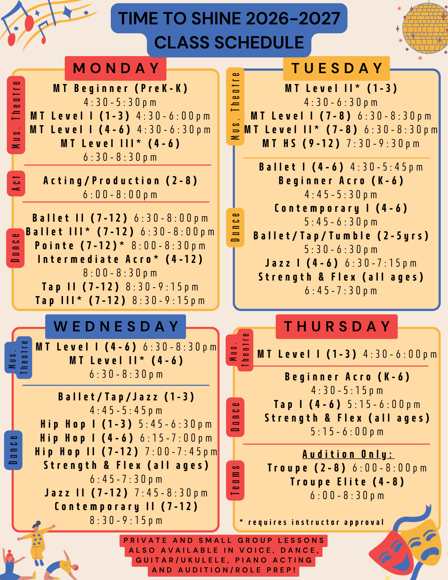 Preview of Time to Shine 2026–2027 Class Schedule